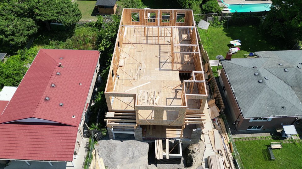 Aerial view of new house construction in Scarborough, ON